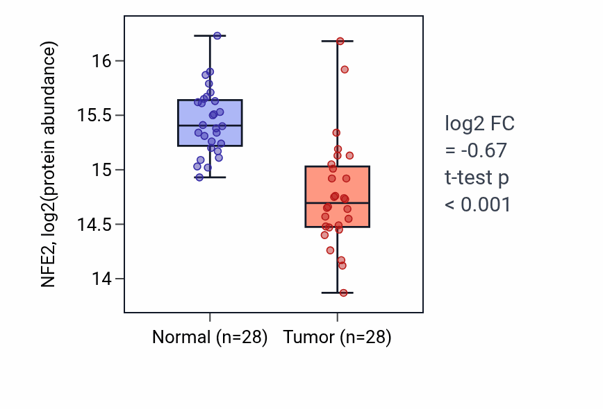 Tumor-vs-normal mass-spec protein box plot for NFE2 in LUAD.