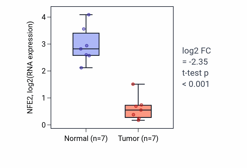 Tumor-vs-normal expression box plot for NFE2 RNA in LUSC.