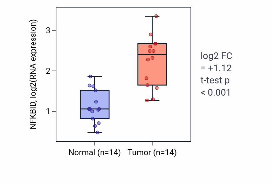 Tumor-vs-normal expression box plot for NFKBID RNA in KIRC.
