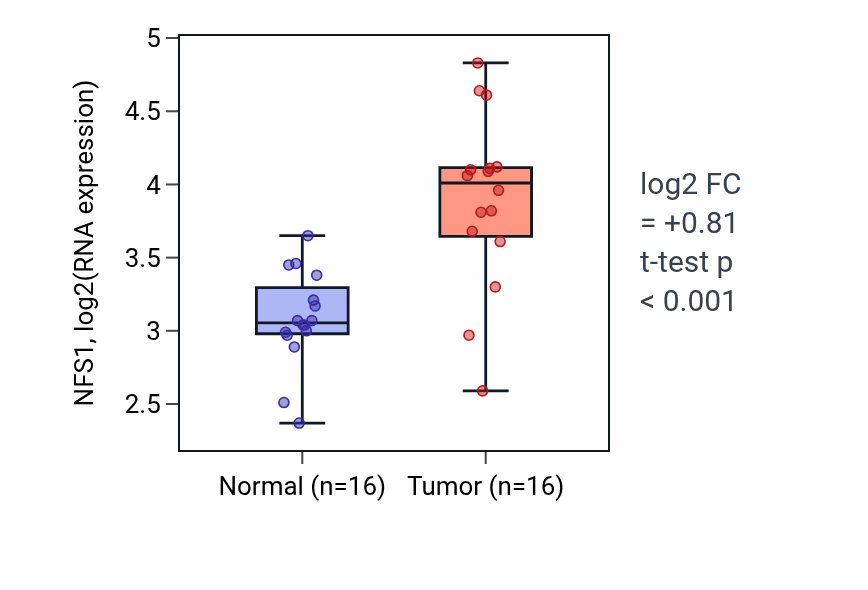 Tumor-vs-normal expression box plot for NFS1 RNA in HNSC.