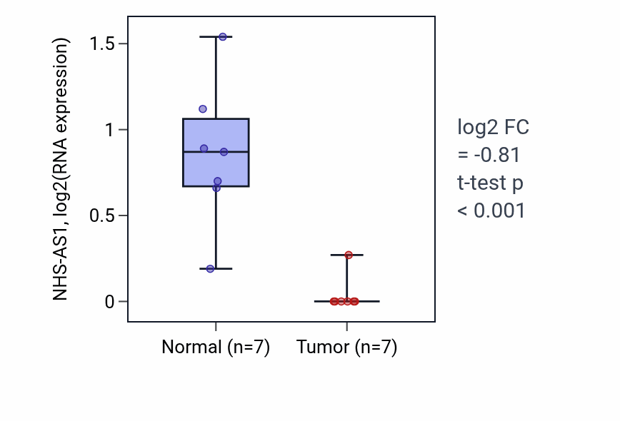 Tumor-vs-normal expression box plot for NHS-AS1 in KICH.