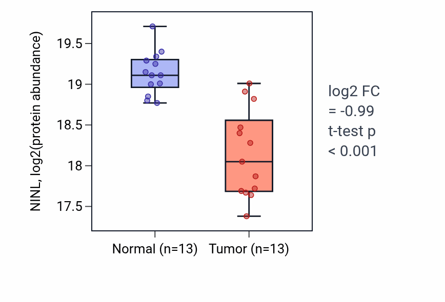 Tumor-vs-normal mass-spec protein box plot for NINL in CCRCC.