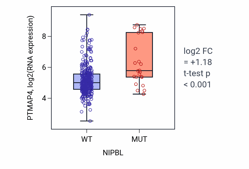 Box plot of PTMAP4 in NIPBL-low vs NIPBL-high samples in STAD.