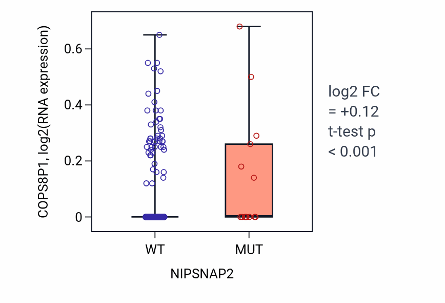 Box plot of COPS8P1 in NIPSNAP2-low vs NIPSNAP2-high samples in UCEC.