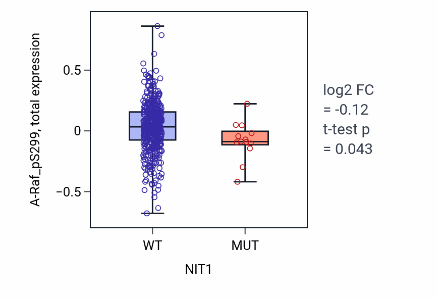 Box plot of A-Raf_pS299 in NIT1-low vs NIT1-high samples in UCEC.