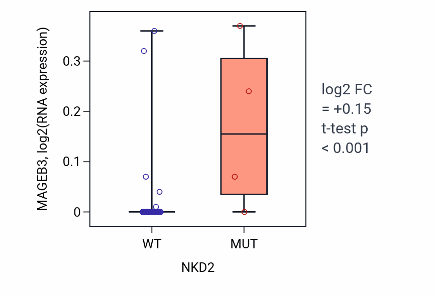 Box plot of MAGEB3 in NKD2-low vs NKD2-high samples in LUNG_SCLC.
