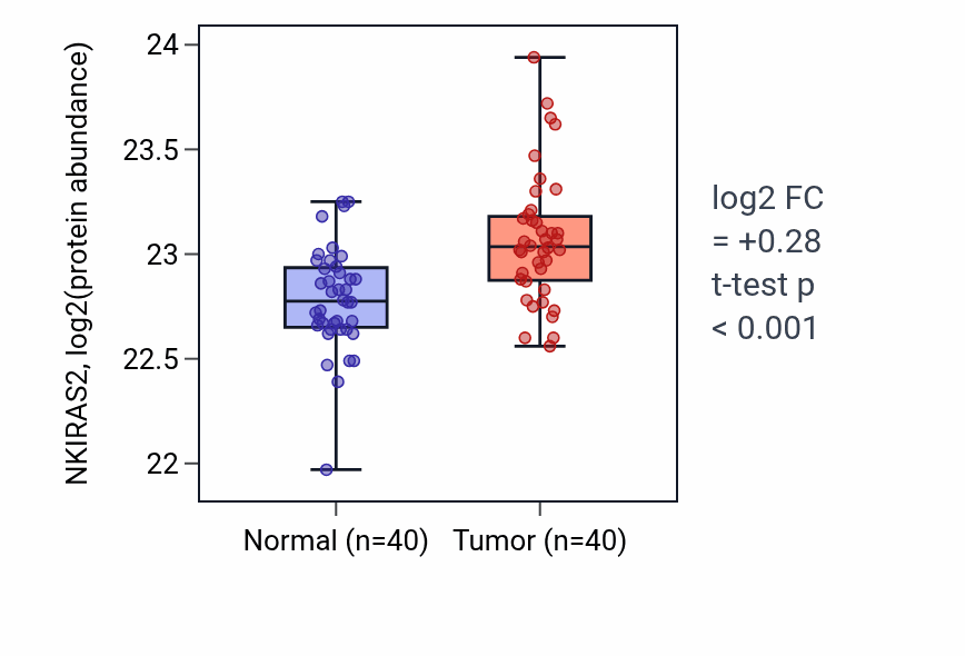 Tumor-vs-normal mass-spec protein box plot for NKIRAS2 in COAD.