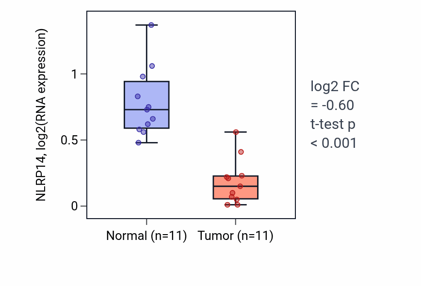Tumor-vs-normal expression box plot for NLRP14 in KICH.