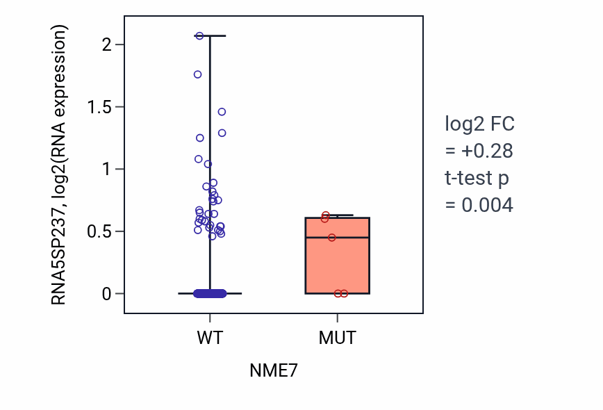 Box plot of RNA5SP237 in NME7-low vs NME7-high samples in HNSC.