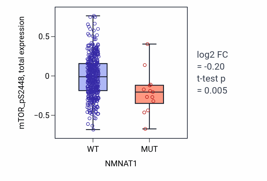 Box plot of mTOR_pS2448 in NMNAT1-low vs NMNAT1-high samples in UCEC.