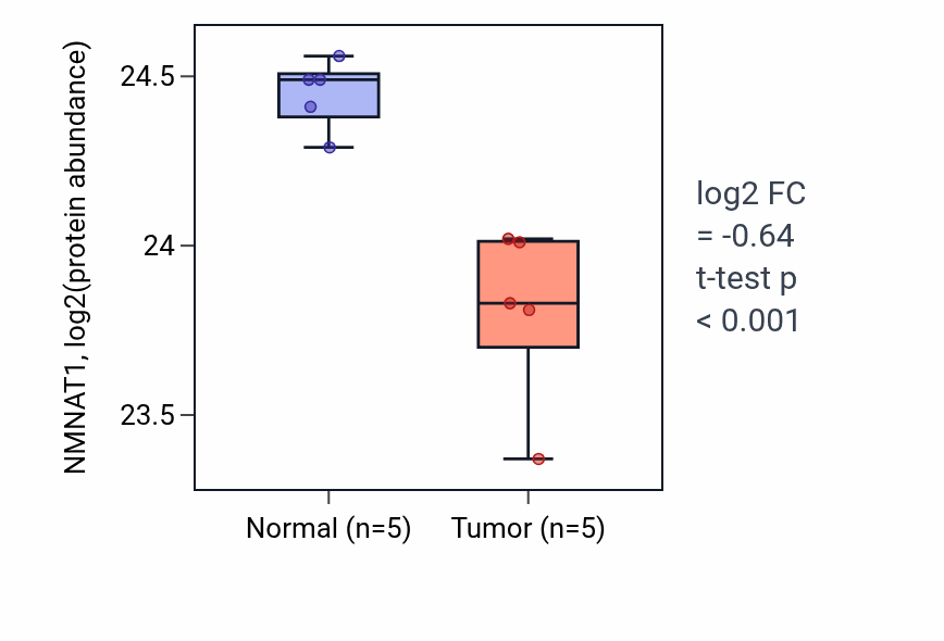 Tumor-vs-normal mass-spec protein box plot for NMNAT1 in CCRCC.