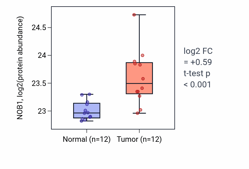 Tumor-vs-normal mass-spec protein box plot for NOB1 in CCRCC.