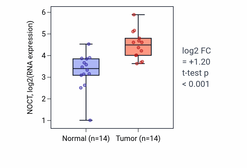 Tumor-vs-normal expression box plot for NOCT RNA in HNSC.