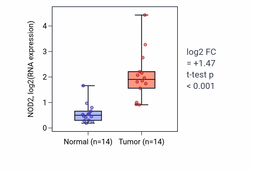 Tumor-vs-normal expression box plot for NOD2 RNA in KIRC.