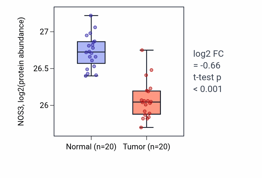 Tumor-vs-normal mass-spec protein box plot for NOS3 in LSCC.