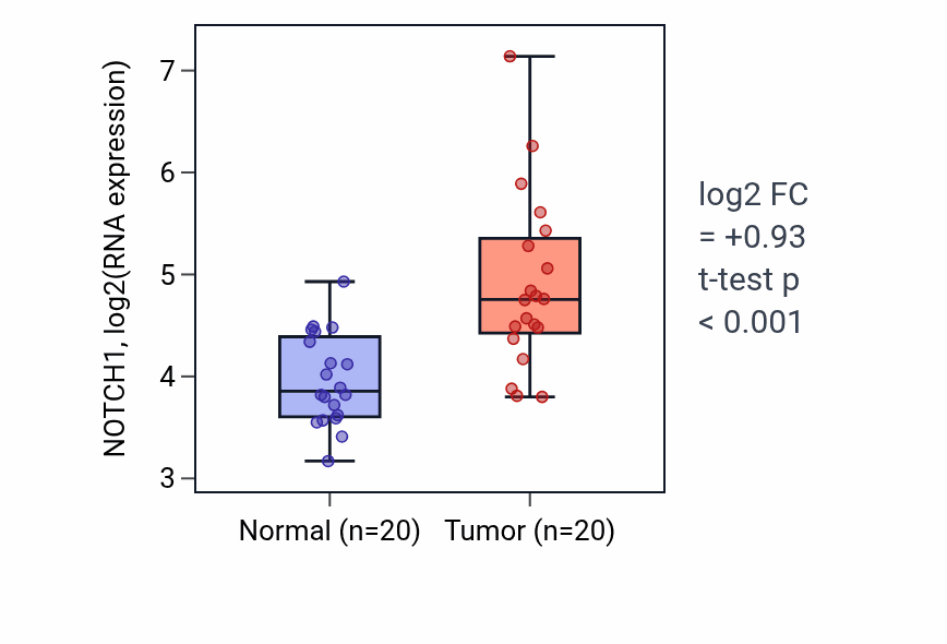 Tumor-vs-normal expression box plot for NOTCH1 RNA in KIRC.
