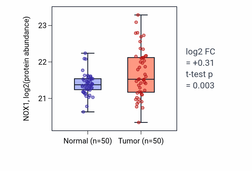 Tumor-vs-normal mass-spec protein box plot for NOX1 in COAD.