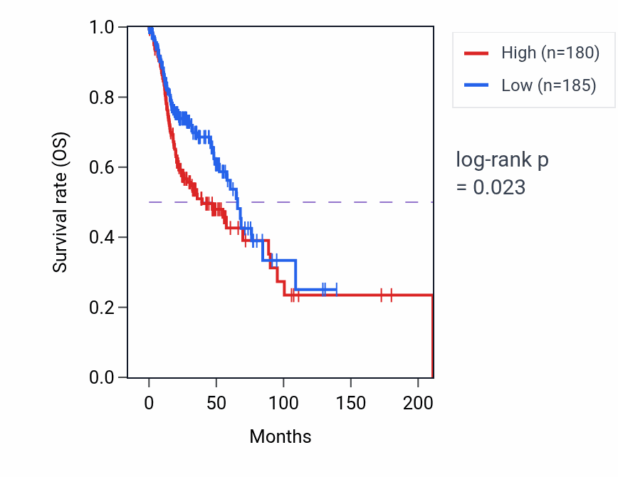 Kaplan&ndash;Meier survival curve for NOX5 RNA expression in HNSC: high vs low expression groups.