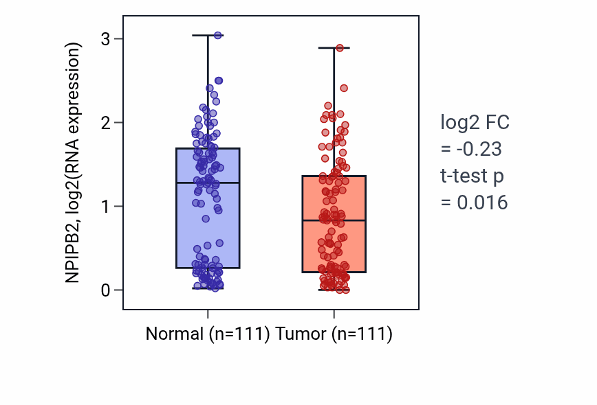 Tumor-vs-normal expression box plot for NPIPB2 in BRCA.
