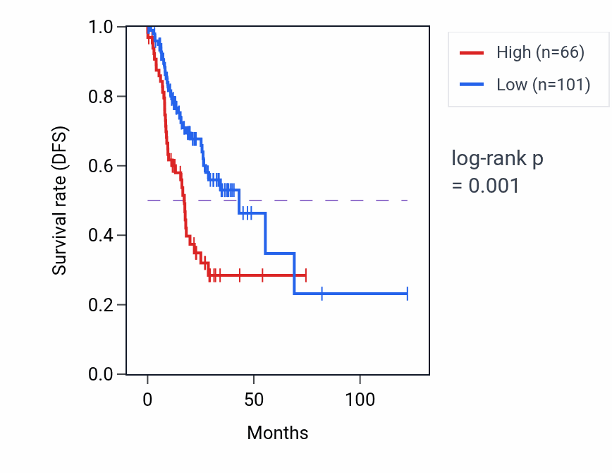 Kaplan&ndash;Meier survival curve for NPM1P2 RNA expression in STAD: high vs low expression groups.