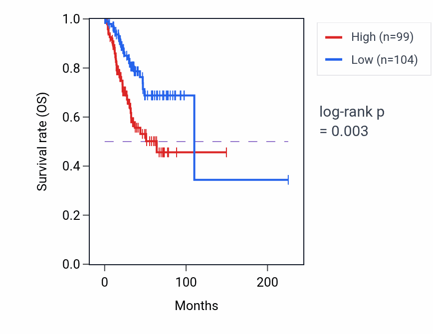 Kaplan&ndash;Meier survival curve for NPM1P26 RNA expression in UCEC: high vs low expression groups.