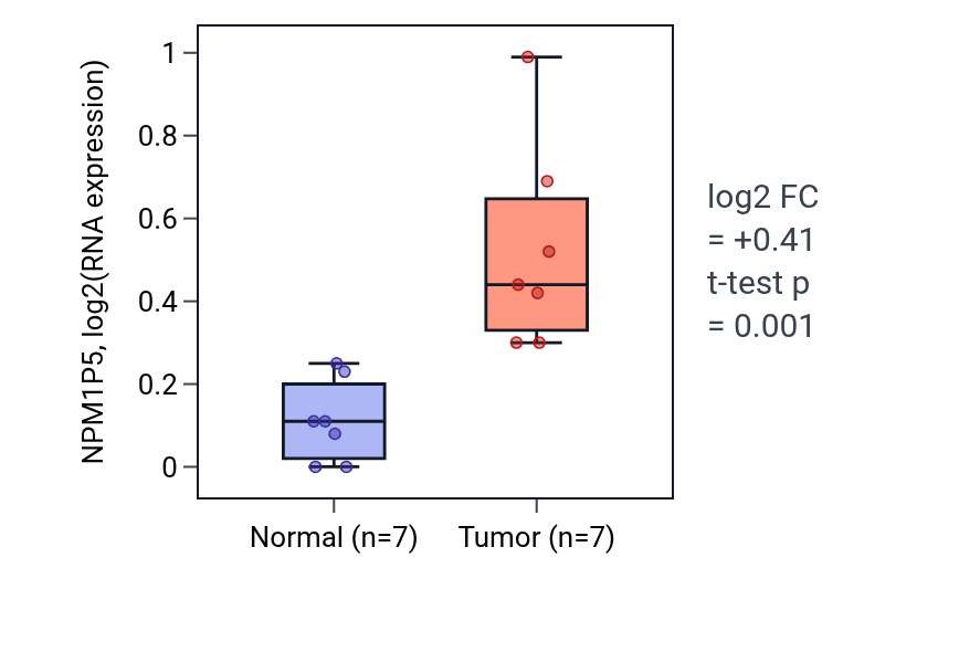 Tumor-vs-normal expression box plot for NPM1P5 RNA in COAD.