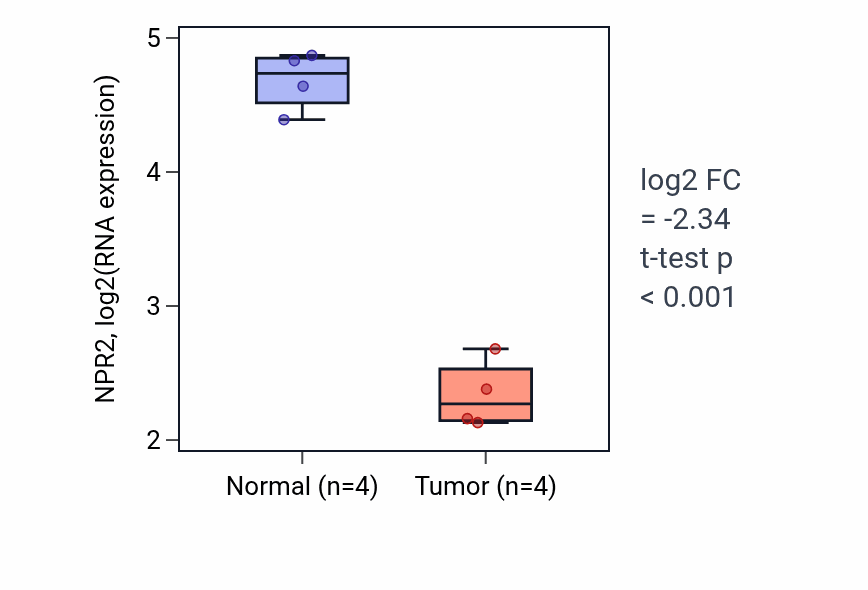 Tumor-vs-normal expression box plot for NPR2 RNA in BLCA.