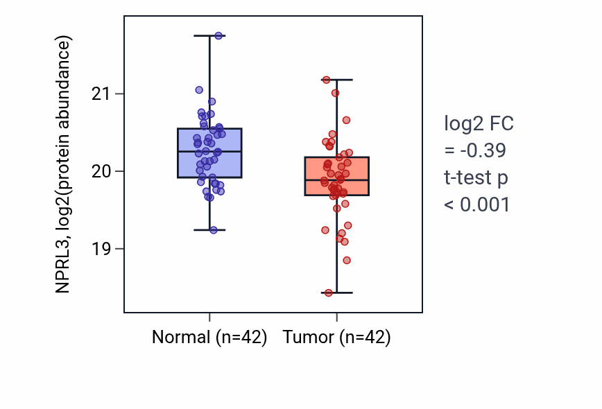 Tumor-vs-normal mass-spec protein box plot for NPRL3 in HNSC.