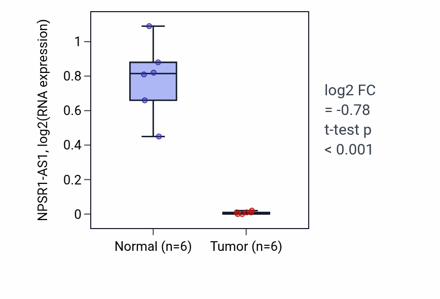 Tumor-vs-normal expression box plot for NPSR1-AS1 in KIRC.