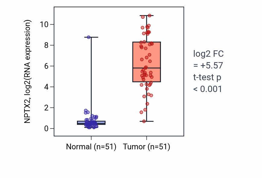 Tumor-vs-normal expression box plot for NPTX2 RNA in KIRC.