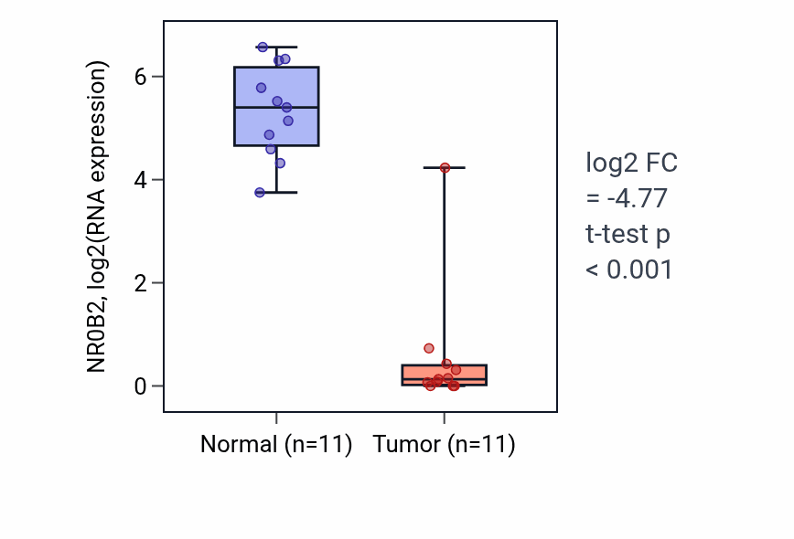 Tumor-vs-normal expression box plot for NR0B2 RNA in KIRP.