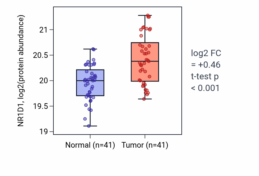 Tumor-vs-normal mass-spec protein box plot for NR1D1 in CCRCC.