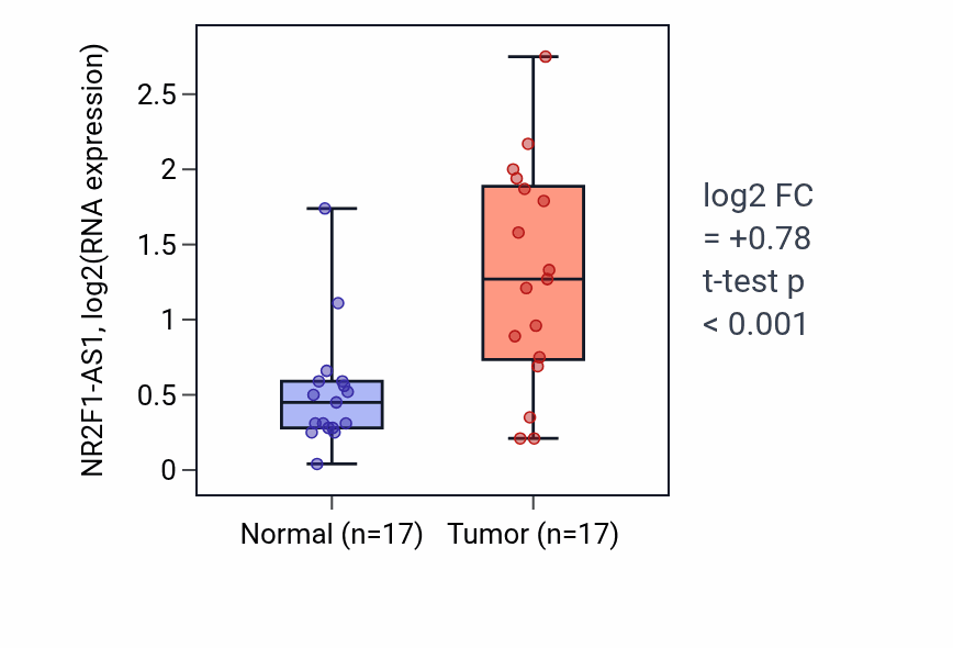 Tumor-vs-normal expression box plot for NR2F1-AS1 RNA in HNSC.