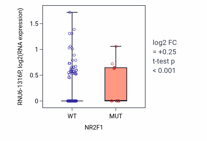 Box plot of RNU6-1316P in NR2F1-low vs NR2F1-high samples in SKCM.
