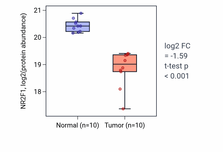 Tumor-vs-normal mass-spec protein box plot for NR2F1 in CCRCC.