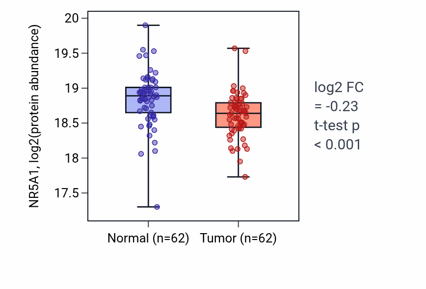 Tumor-vs-normal mass-spec protein box plot for NR5A1 in LSCC.