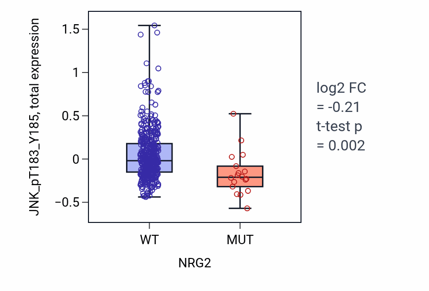 Box plot of JNK_pT183_Y185 in NRG2-low vs NRG2-high samples in UCEC.