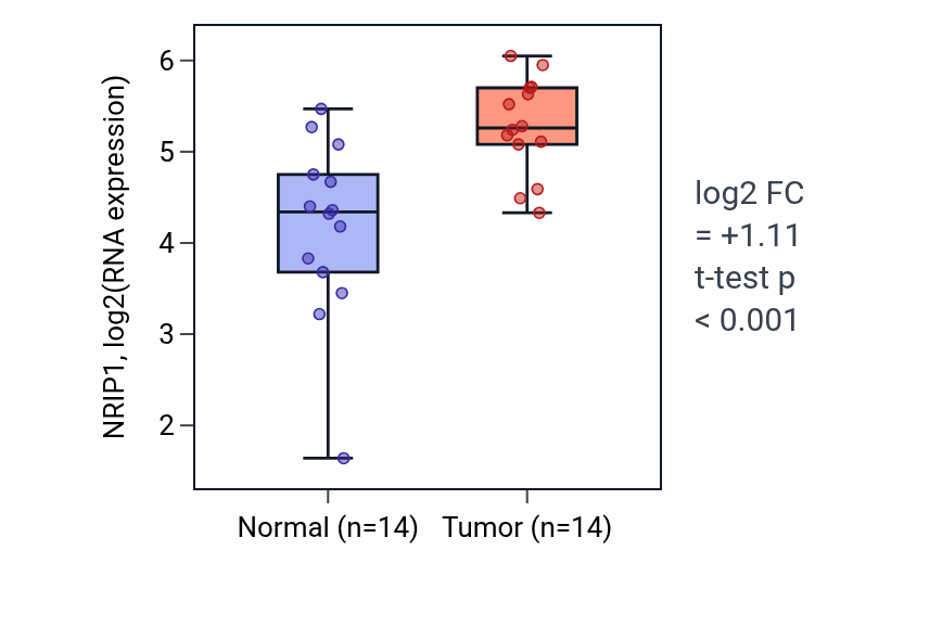 Tumor-vs-normal expression box plot for NRIP1 RNA in HNSC.