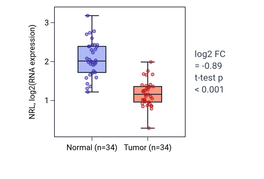 Tumor-vs-normal expression box plot for NRL in KIRC.