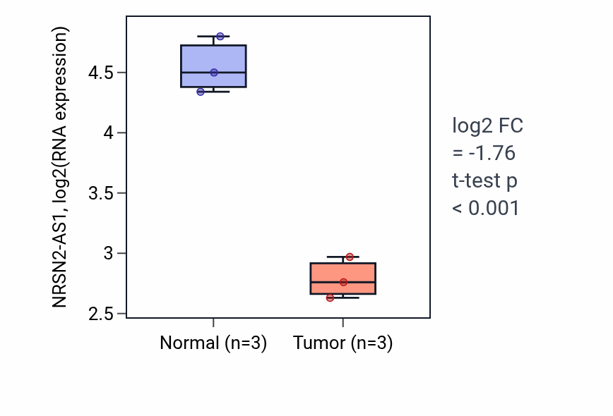Tumor-vs-normal expression box plot for NRSN2-AS1 in THCA.