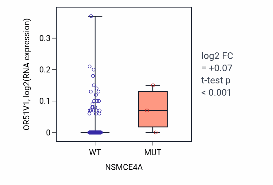 Box plot of OR51V1 in NSMCE4A-low vs NSMCE4A-high samples in HNSC.