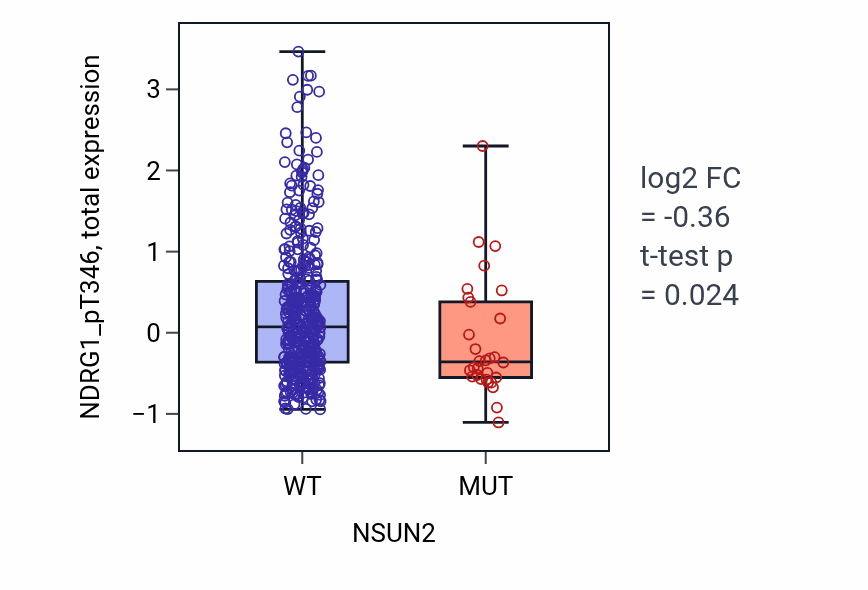 Box plot of NDRG1_pT346 in NSUN2-low vs NSUN2-high samples in UCEC.