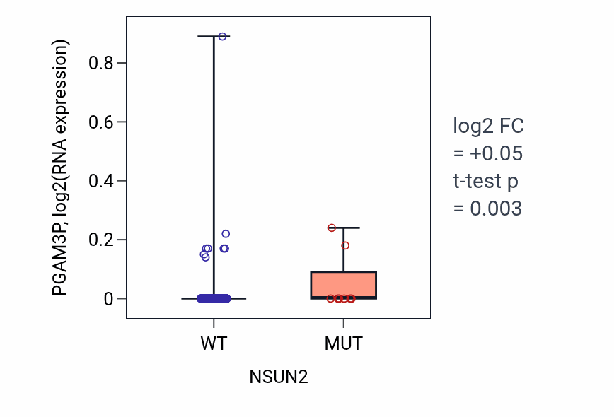 Box plot of PGAM3P in NSUN2-low vs NSUN2-high samples in LUSC.