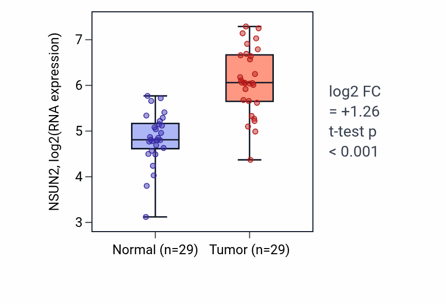 Tumor-vs-normal expression box plot for NSUN2 RNA in HNSC.