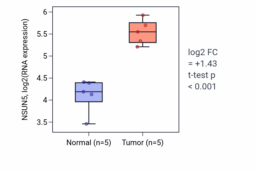 Tumor-vs-normal expression box plot for NSUN5 RNA in COAD.