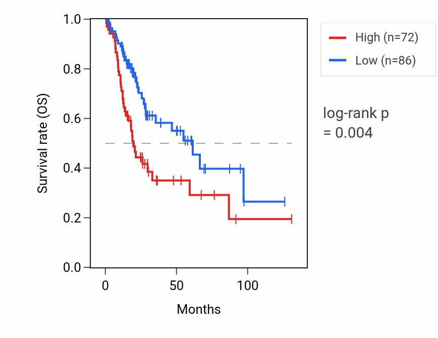 Kaplan&ndash;Meier survival curve for NT5DC1P2 RNA expression in BLCA: high vs low expression groups.