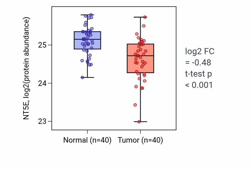 Tumor-vs-normal mass-spec protein box plot for NT5E in COAD.