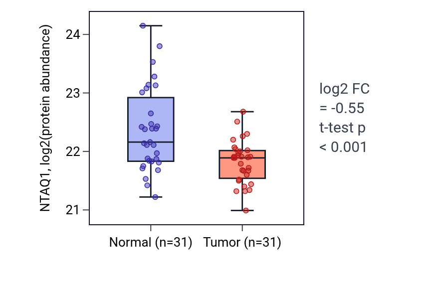 Tumor-vs-normal mass-spec protein box plot for NTAQ1 in HNSC.