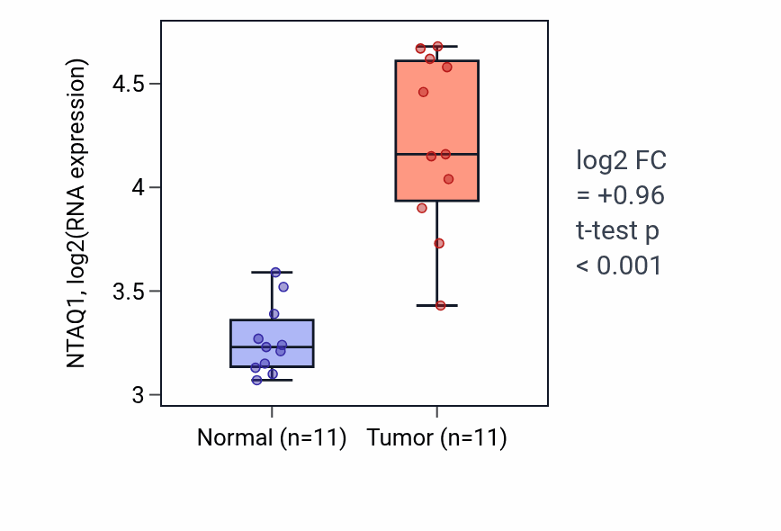 Tumor-vs-normal expression box plot for NTAQ1 RNA in HNSC.