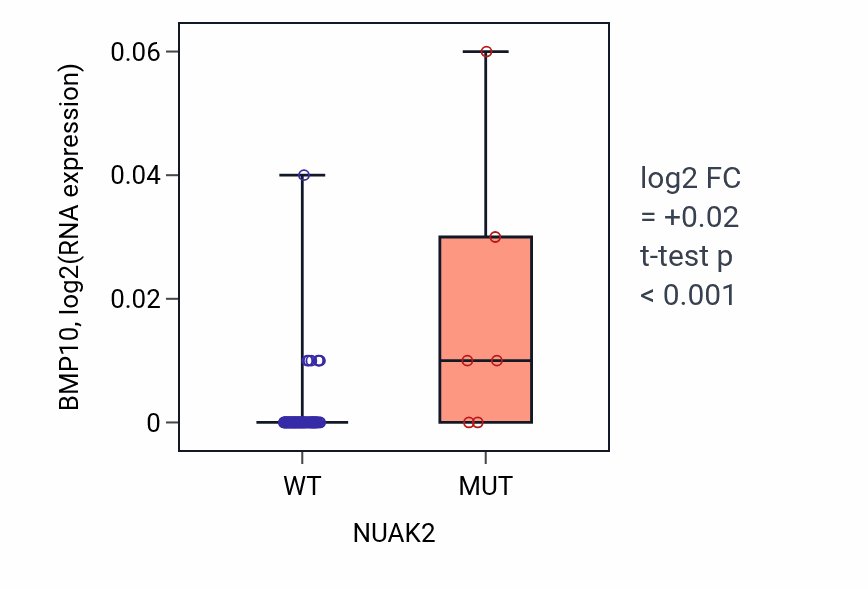 Box plot of BMP10 in NUAK2-low vs NUAK2-high samples in LUNG_NSCLC_LUAD.